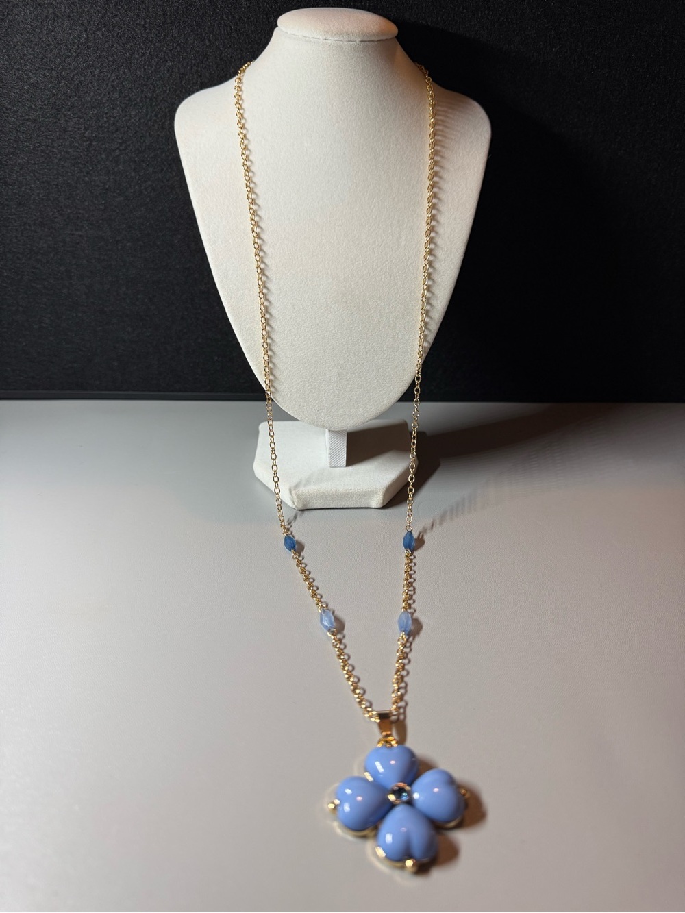 Talbots Gold Tone Blue Flower Pendant Necklace Long Adjustable 🗽🖤